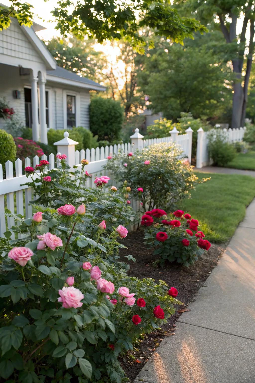 Compact rose bushes blooming in a small front yard garden.