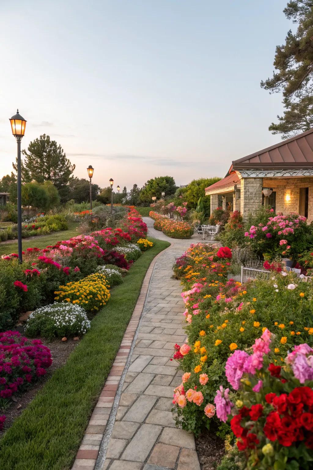 Colorful flowers lining the garden borders for a vibrant look.