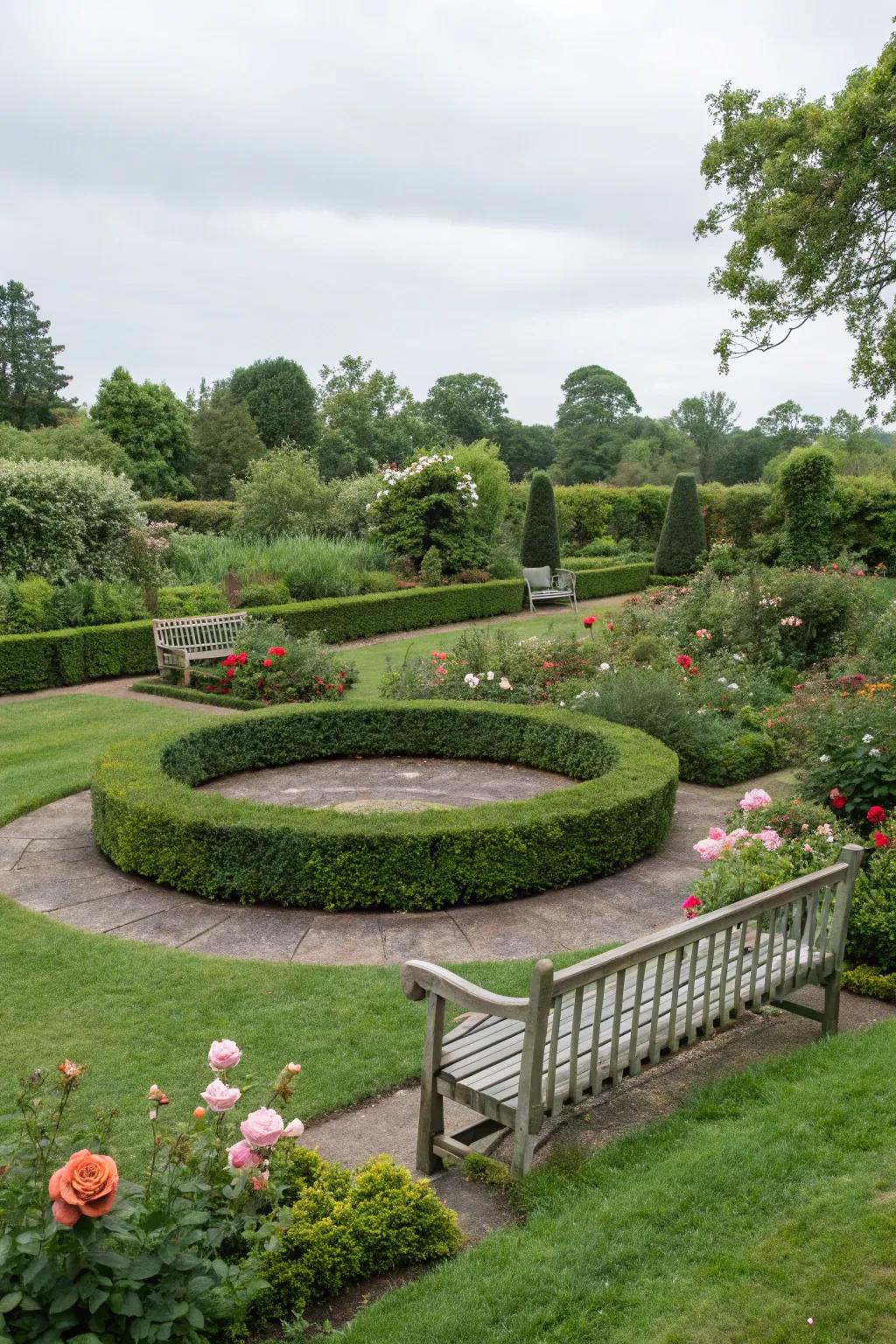 Central circular lawn with low hedges and a cozy bench for a perfect retreat.