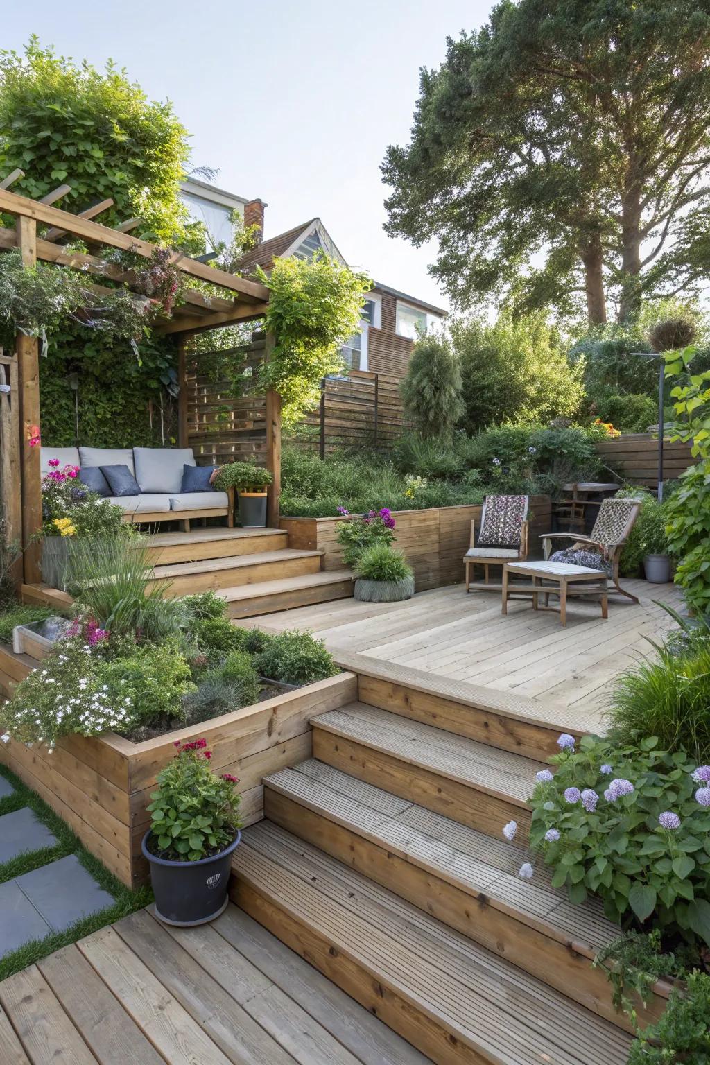 Multi-level decking creates distinct, useful spaces in a small garden.
