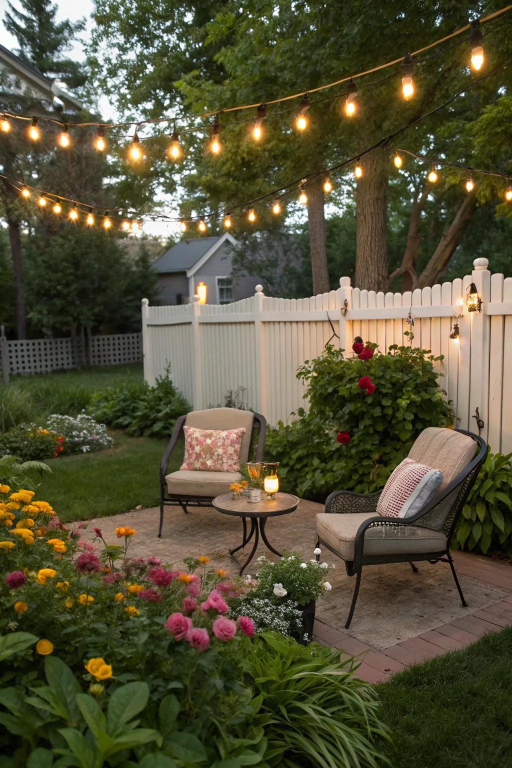 Create a warm ambiance in your garden with twinkling string lights.