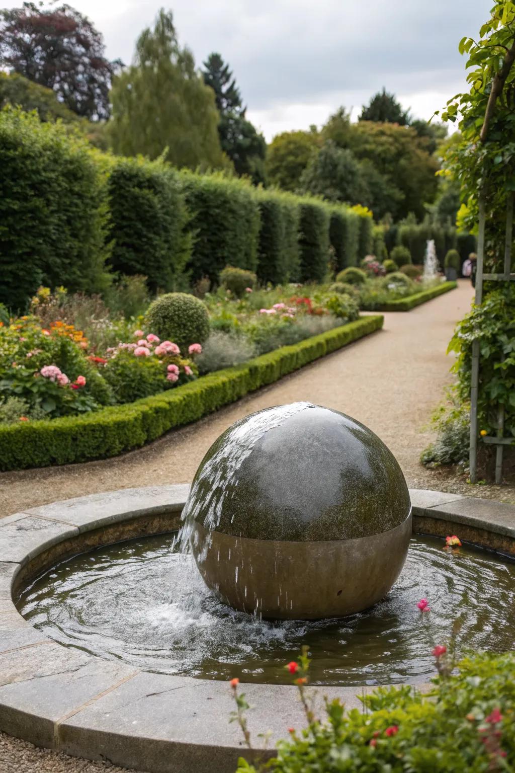 A modern sphere fountain adds a contemporary touch to any garden.