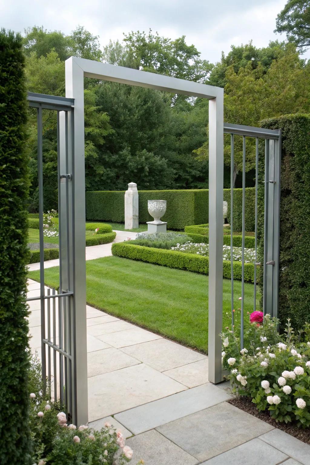 A modern minimalist metal gate for a sleek entryway.