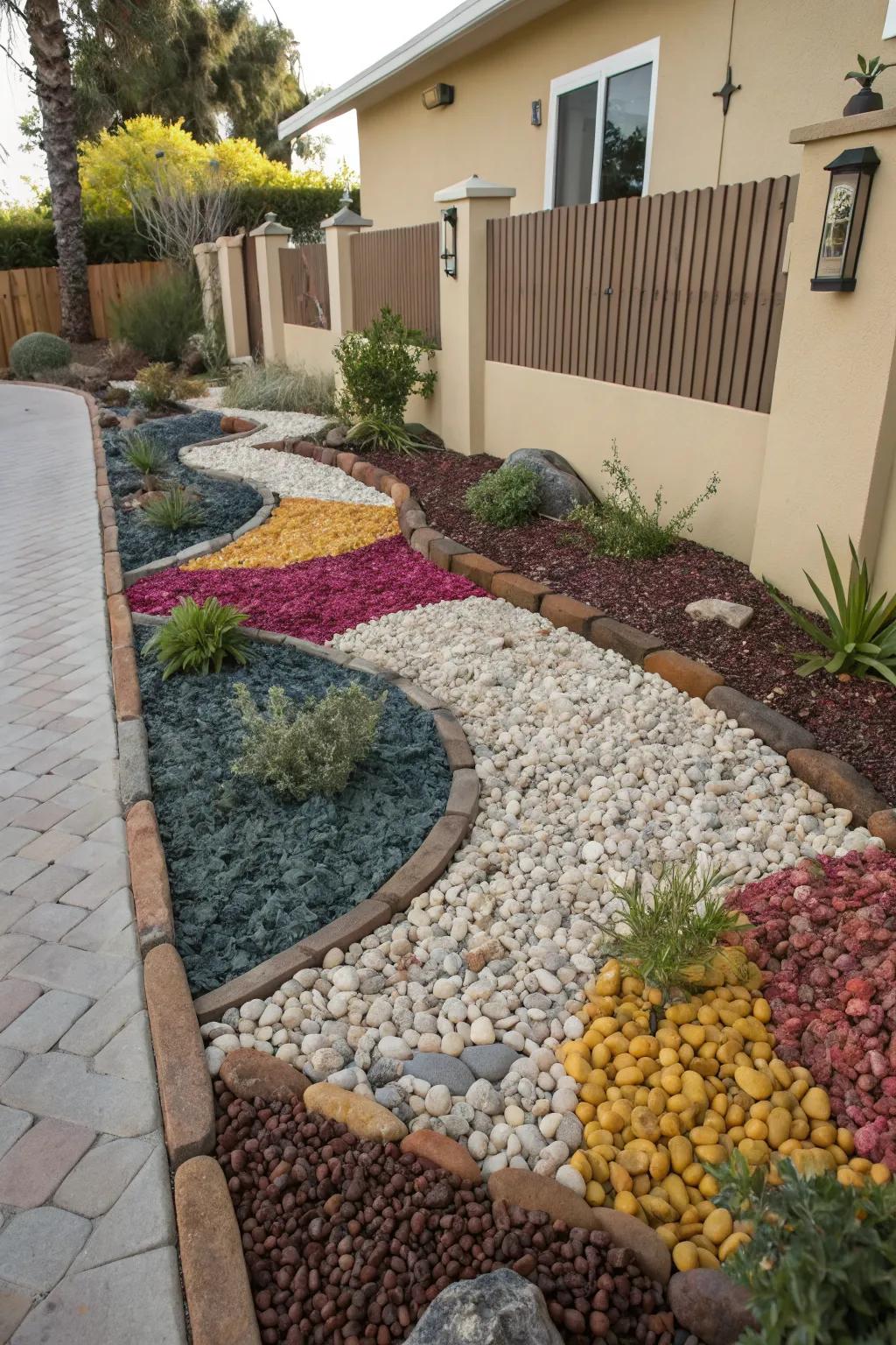 A playful mix of gravel colors brings a small front garden to life.