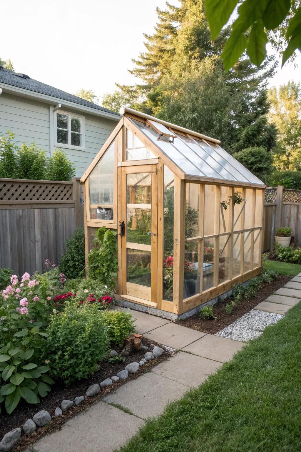 A stylish A-frame greenhouse that maximizes space and sunlight in a small backyard.