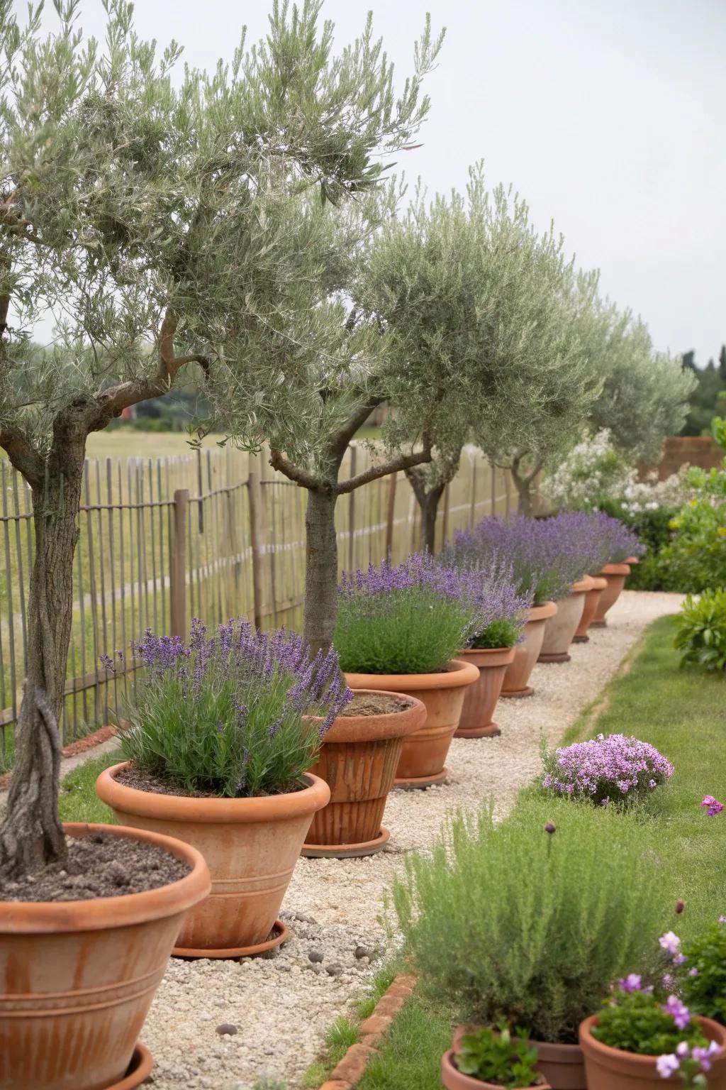 A small garden featuring olive trees and lavender in terracotta pots.