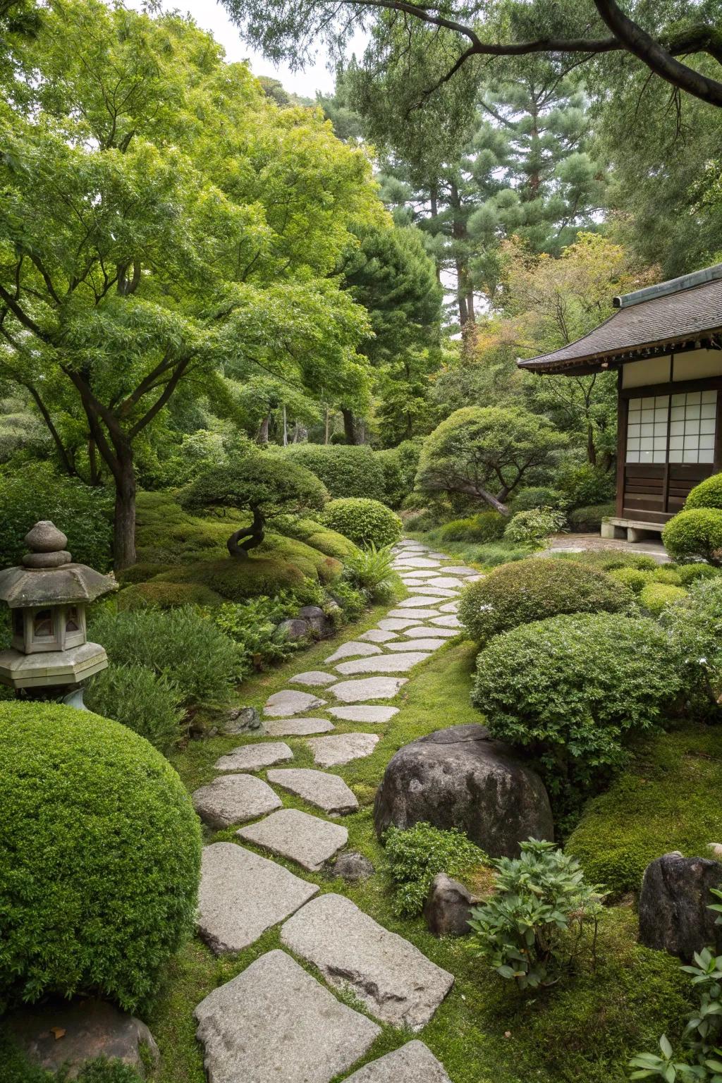 Stone pathways create a sense of journey and tradition in a small Japanese garden.