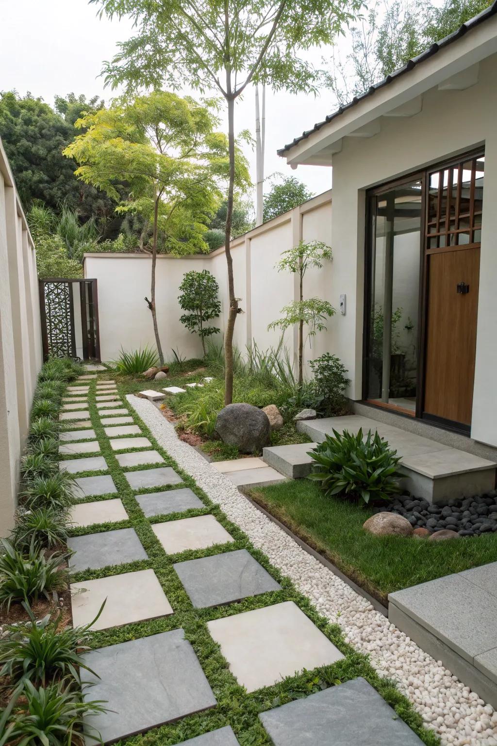 A minimalist garden with geometric paths and minimal plants for a tidy look.