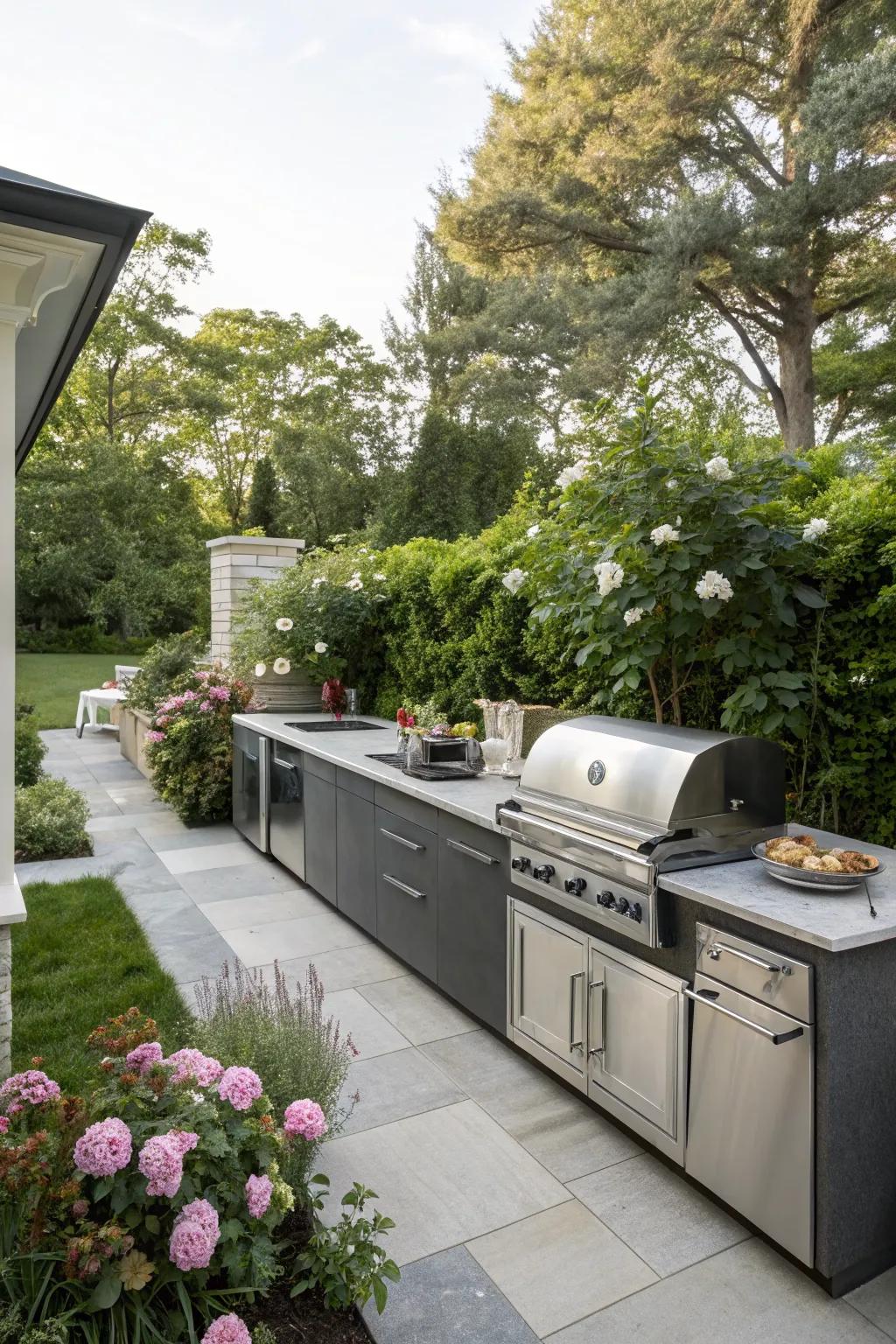 A linear layout maximizes space and efficiency in small outdoor kitchens.