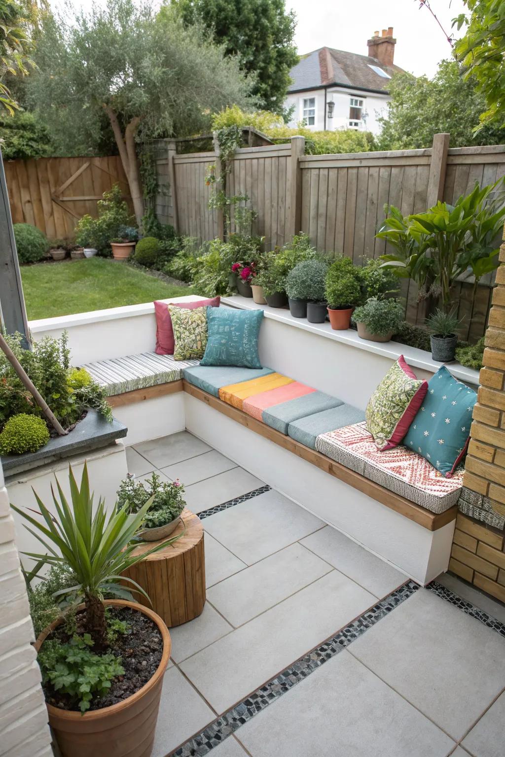 A corner bench seating arrangement perfect for small patios.