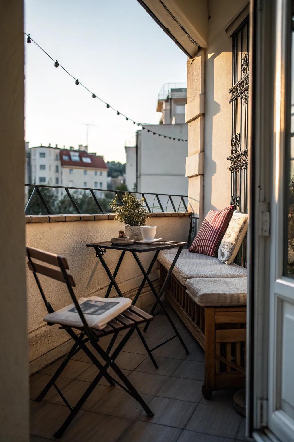 A cozy seating nook transforms your balcony into a relaxation haven.
