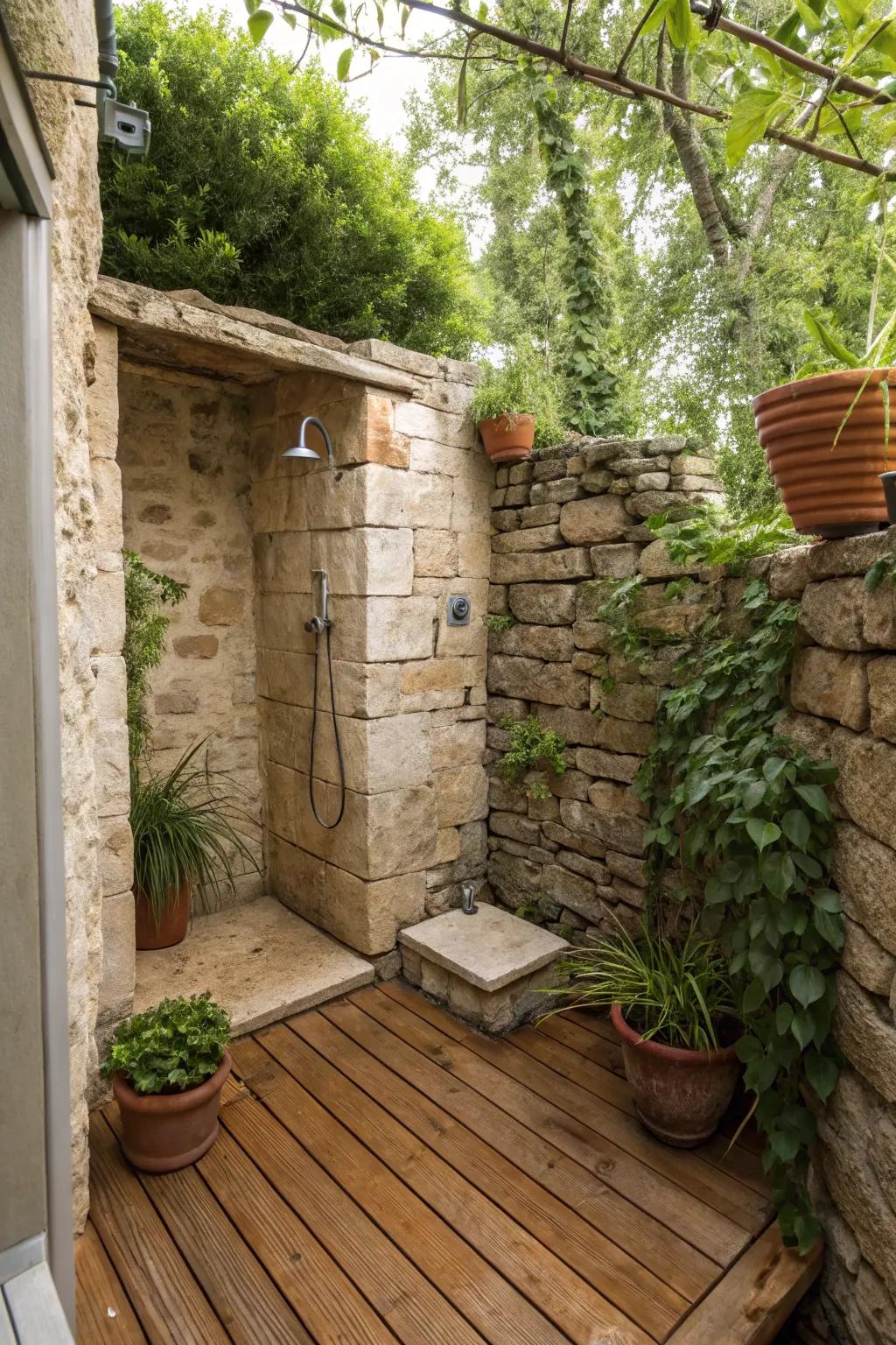 A corner shower provides a secluded and refreshing space.