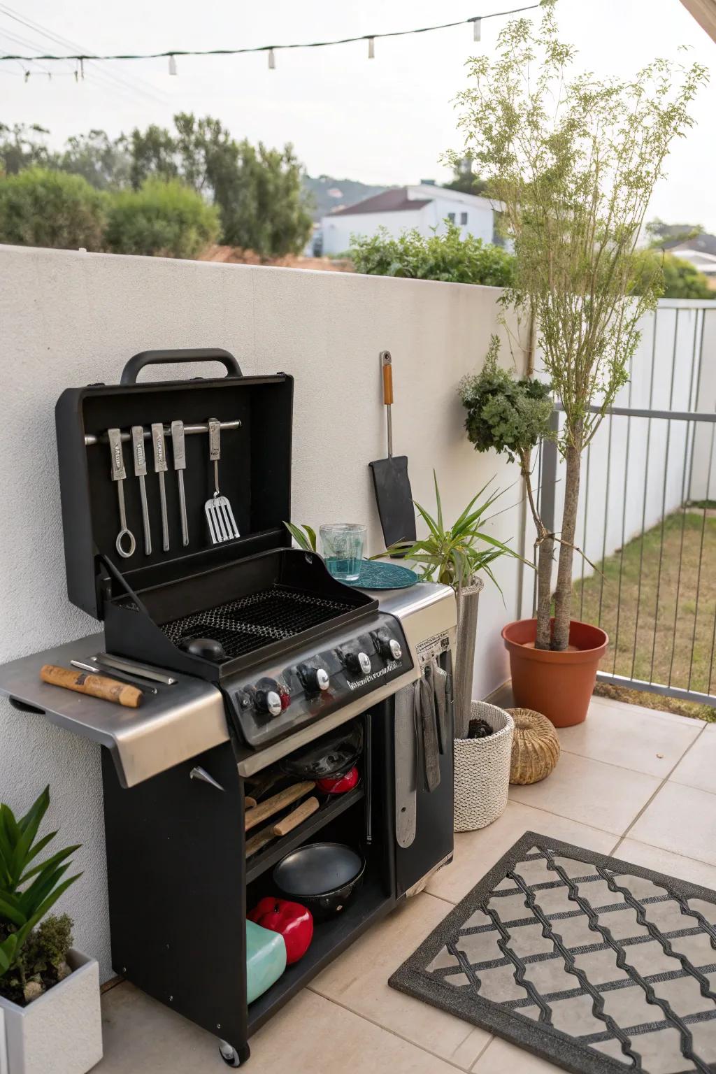 A compact BBQ setup with a small grill and organized utensils in a limited space.