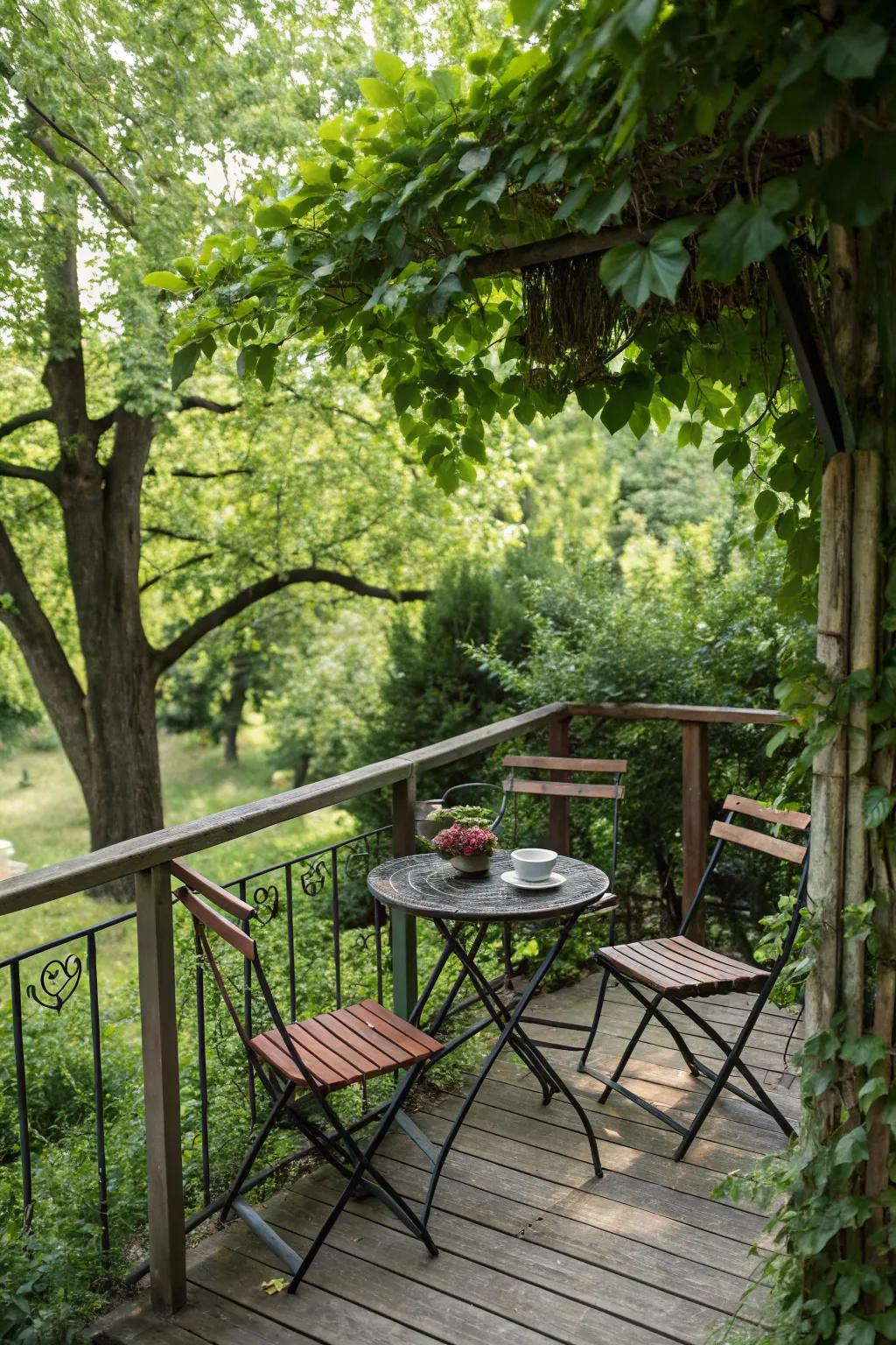 A minimalistic setup with a bistro table and chairs on a small deck.