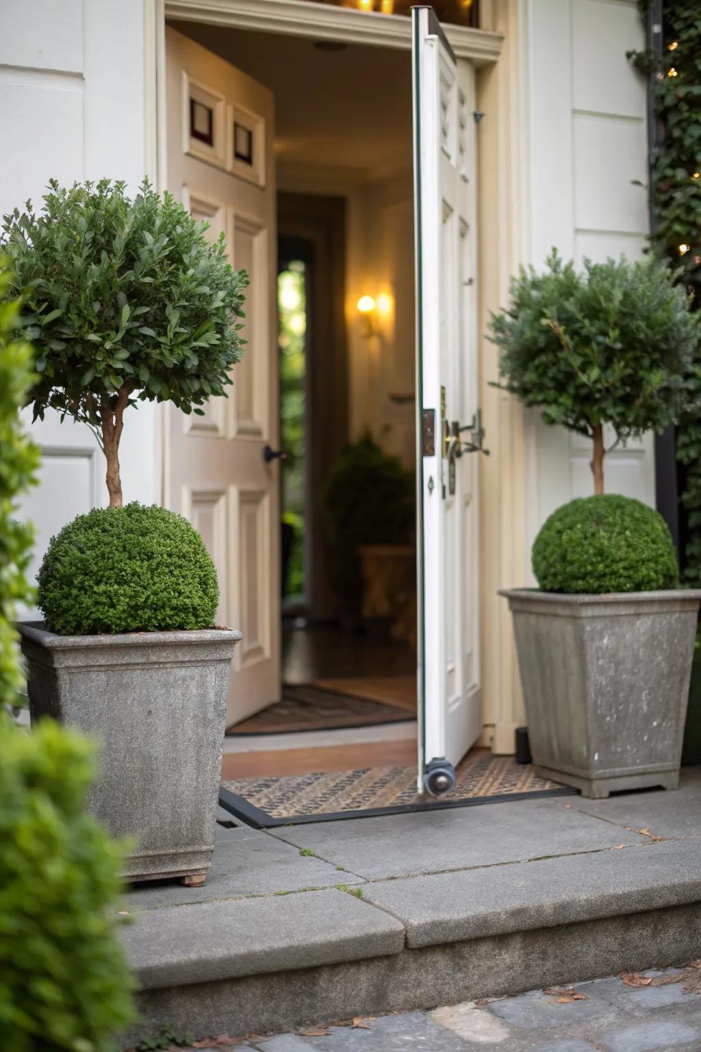 Symmetrical plant arrangements create a balanced and inviting entryway.
