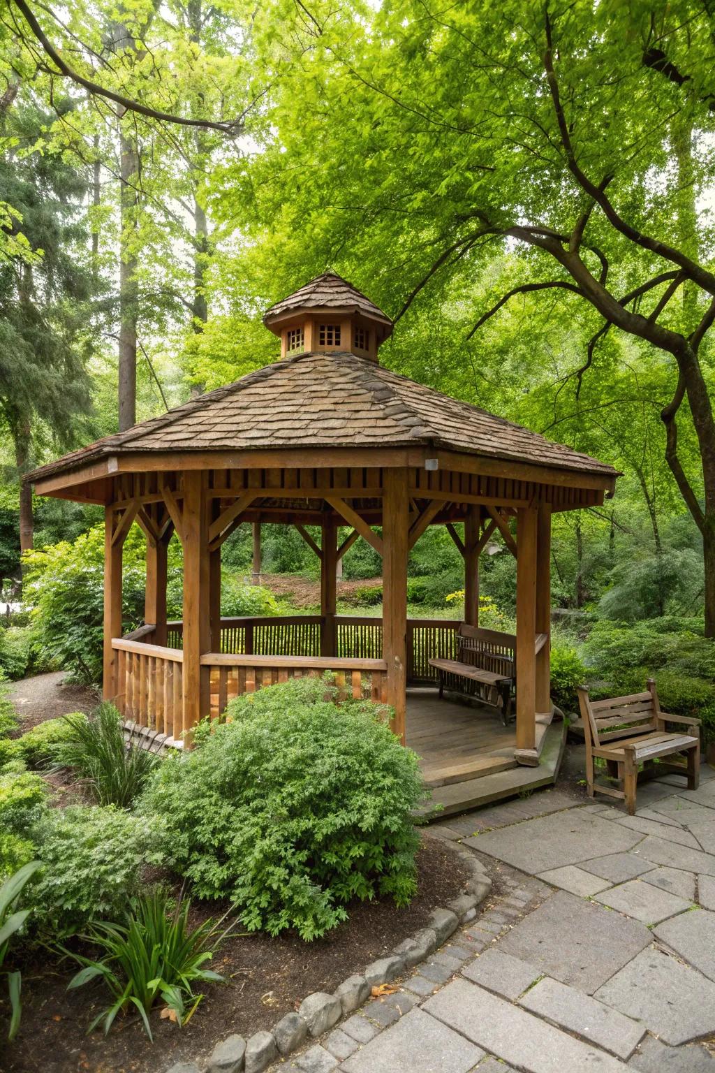 A rustic wooden pavilion nestled among lush greenery.