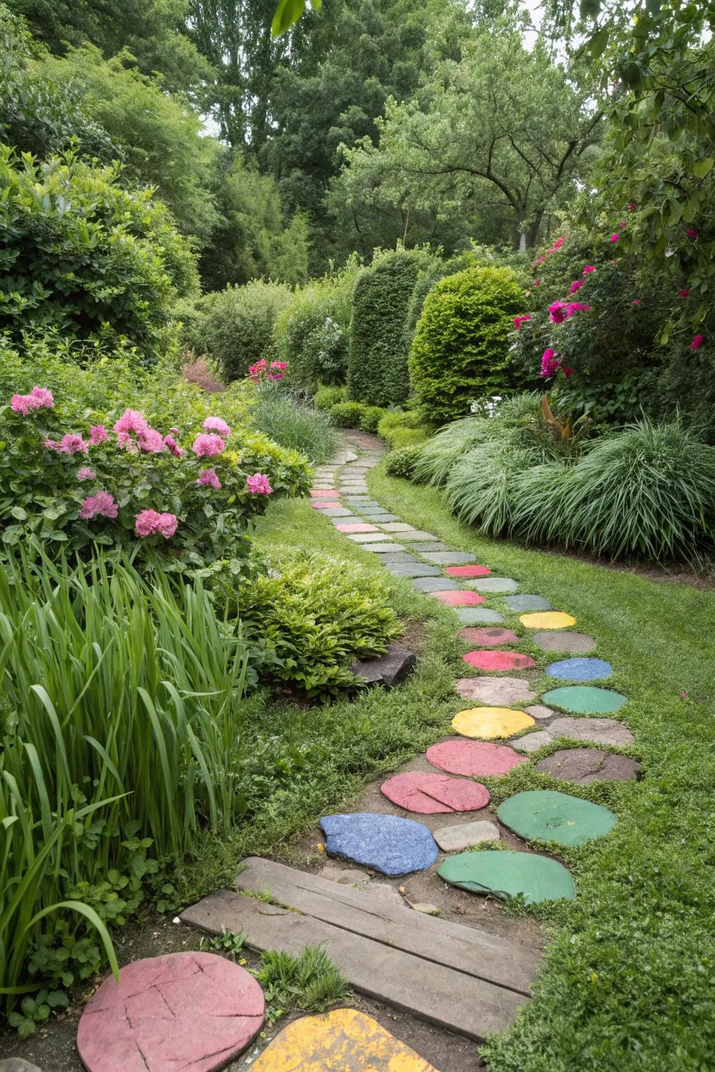 Colorful stepping stones create a playful path for kids.