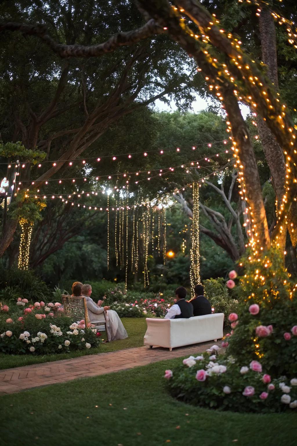 Fairy lights creating a magical wedding atmosphere.