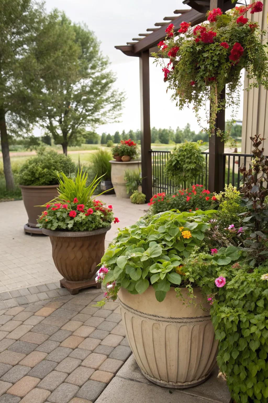 Diverse container shapes add character and charm to any small patio.