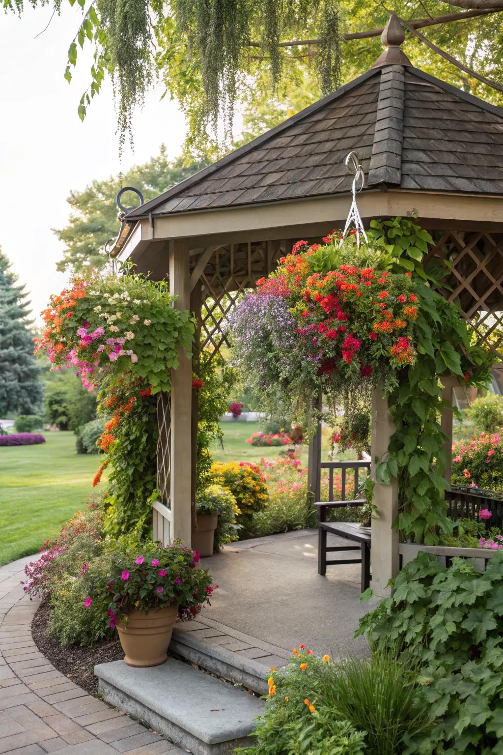 Hanging plants adding greenery to a small patio gazebo.