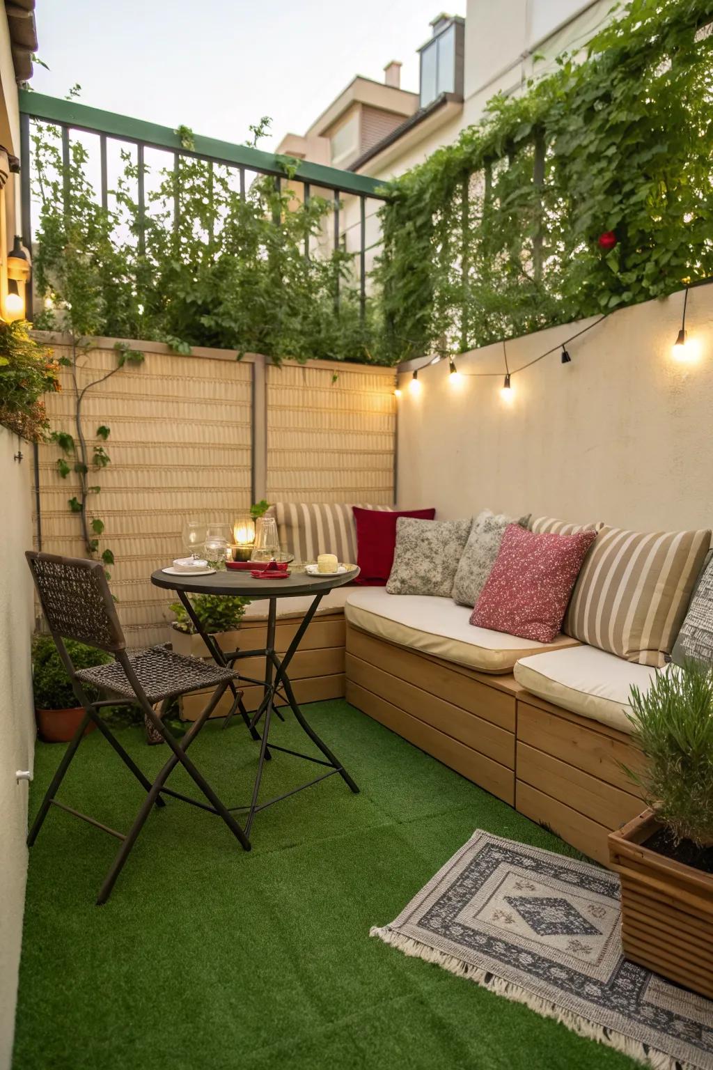 A cozy seating nook on a lush artificial grass base.