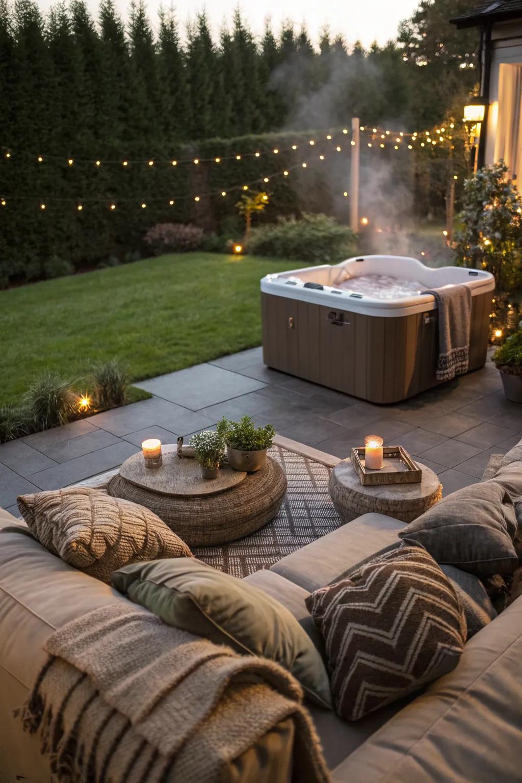 Plush seating creates an inviting atmosphere around your hot tub.