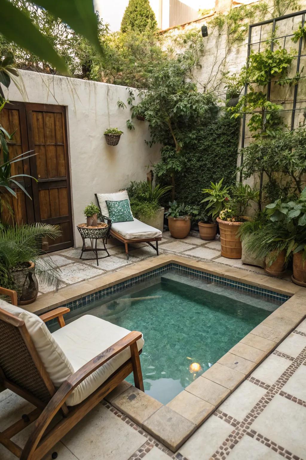 A small plunge pool perfectly nestled on a patio with vibrant plant life.