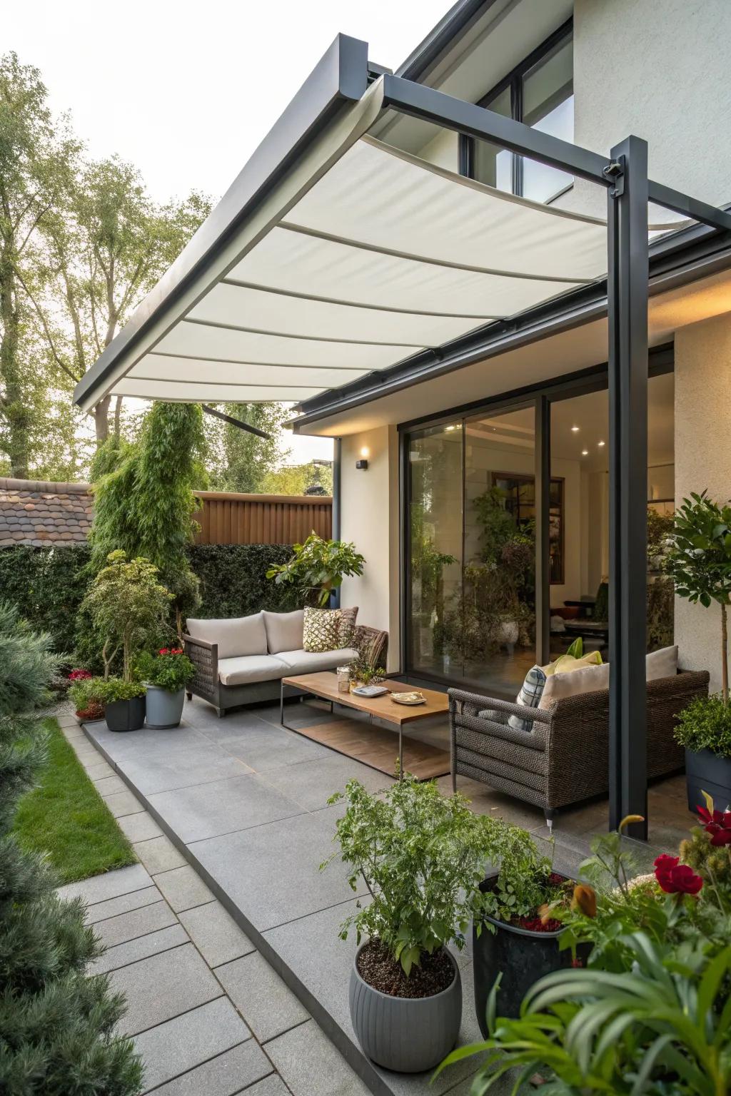 A retractable awning provides adjustable shade for any time of day.