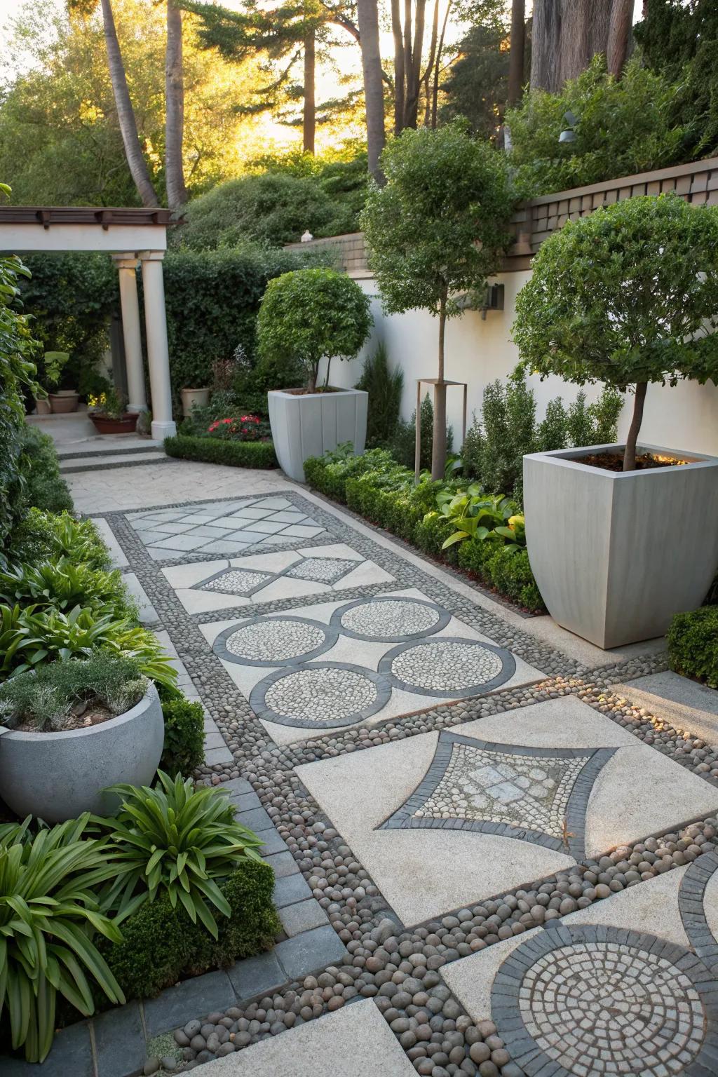 Modern geometric designs using pebbles create a chic garden look.