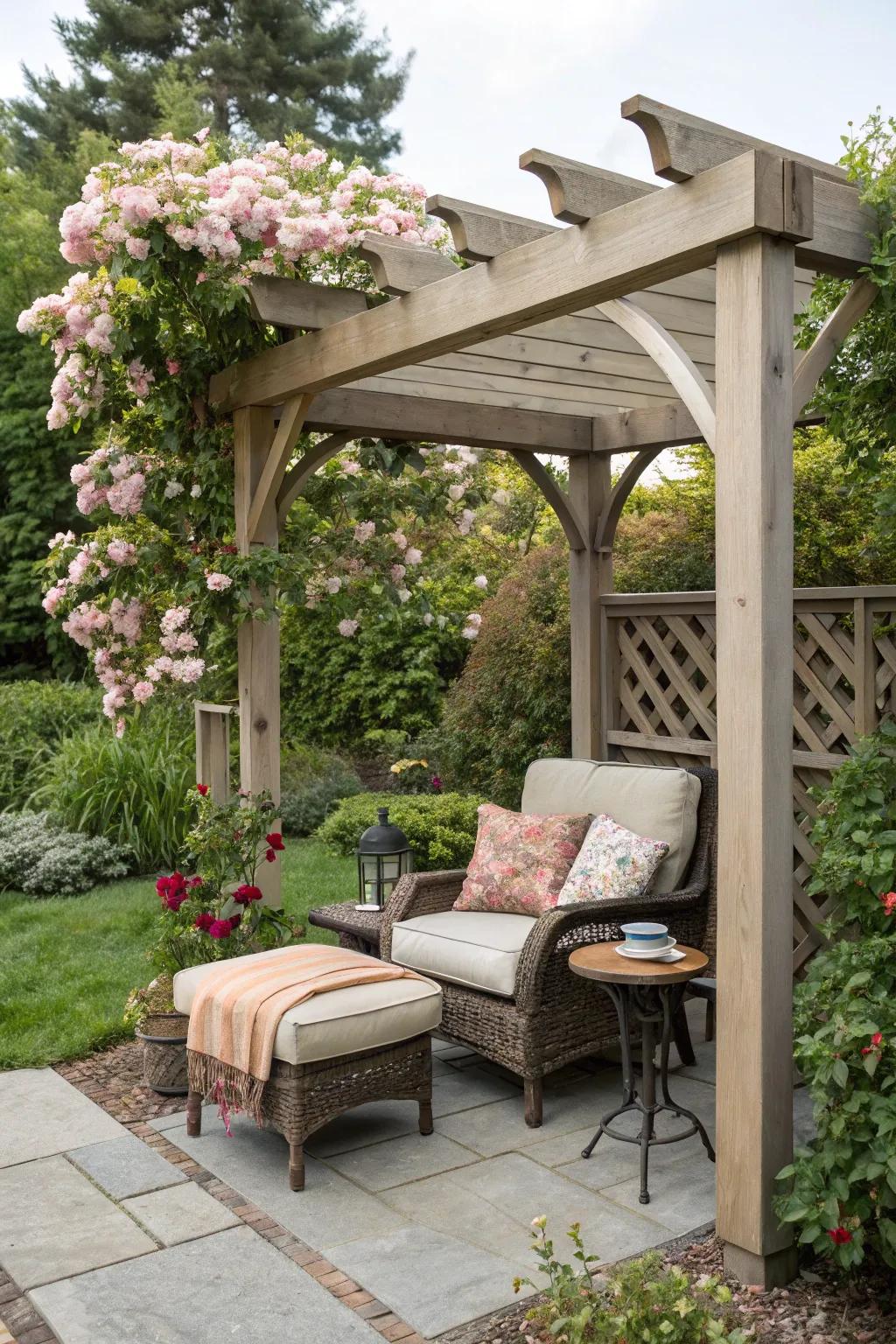 A cozy reading nook under a small pergola.