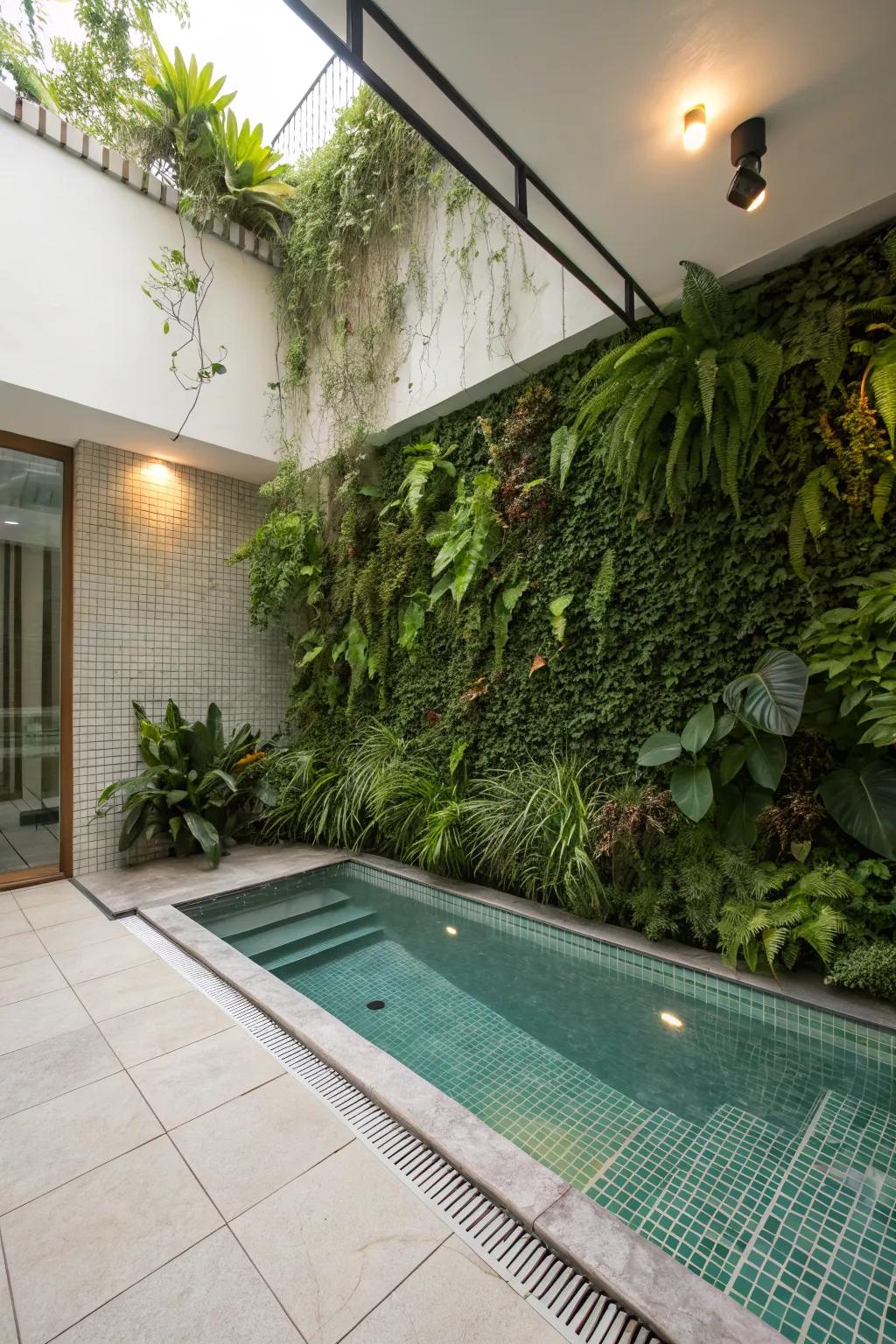 Vertical garden wall adding lush greenery to a small pool area.