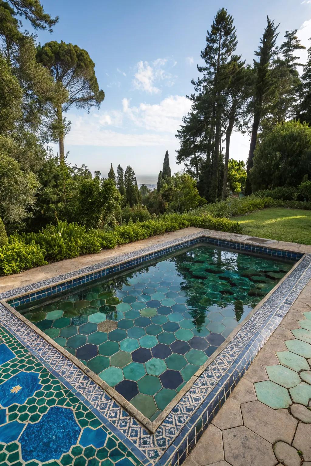 Geometric tile designs add a modern touch to small pools.