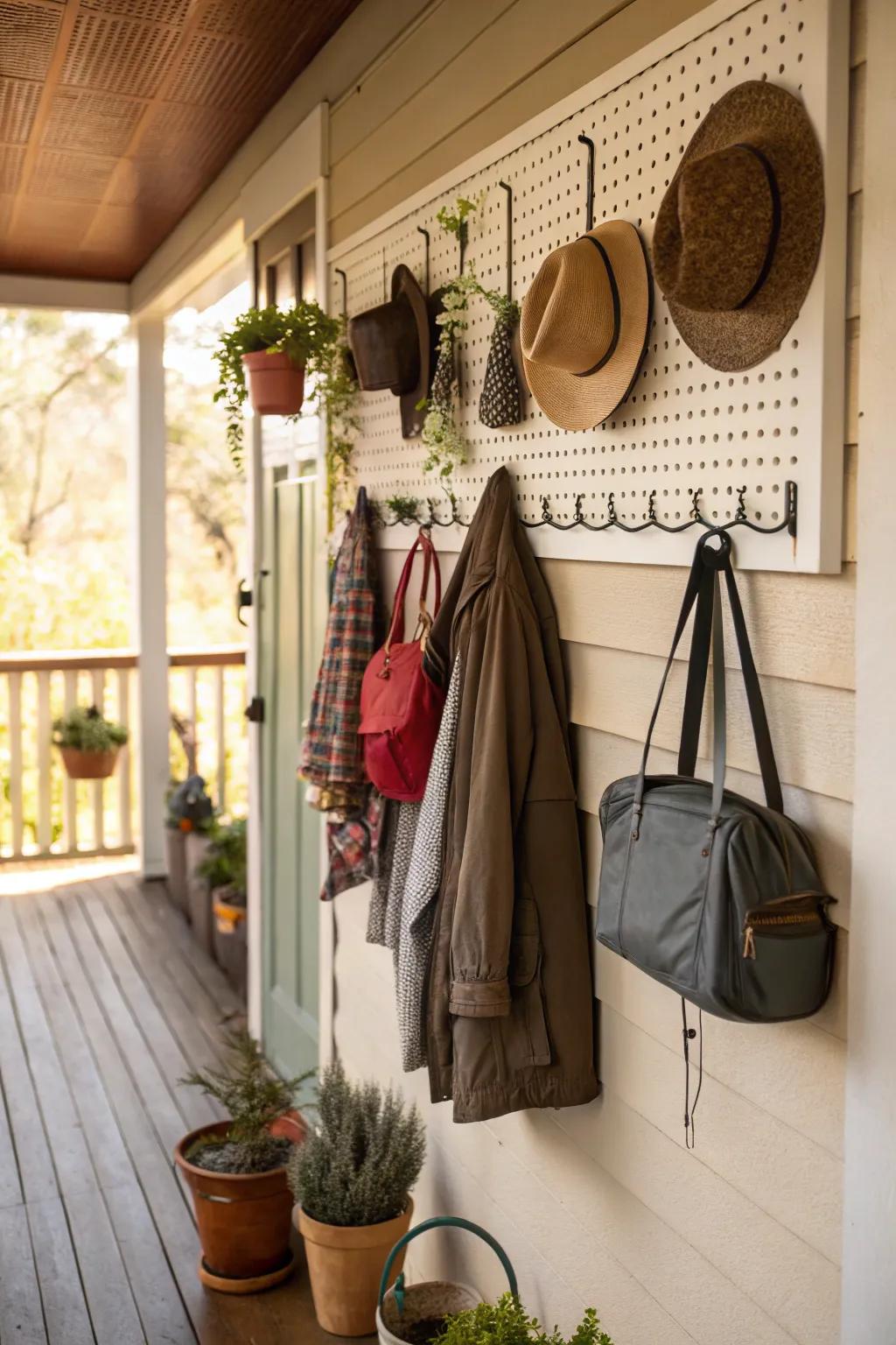 Keep your porch tidy and stylish with wall hooks and pegboards.