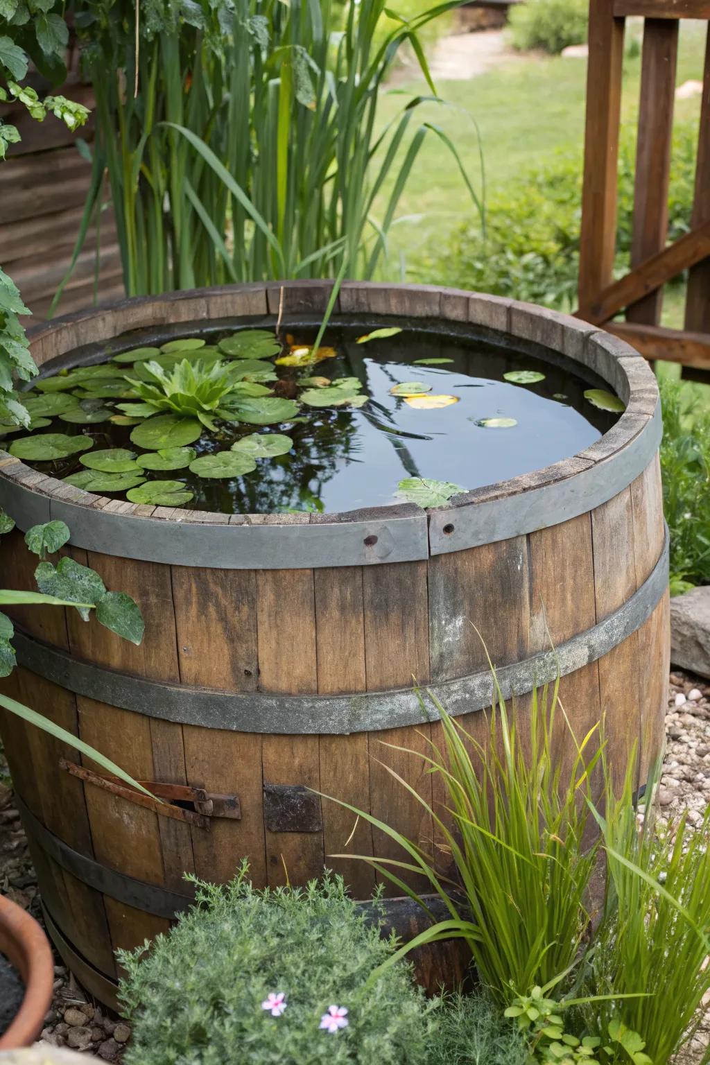 A charming whiskey barrel pond with vibrant aquatic flora.