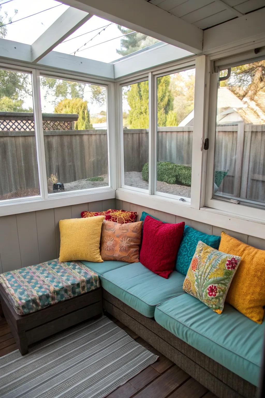 A plush corner sofa with vibrant cushions for a cozy seating area.
