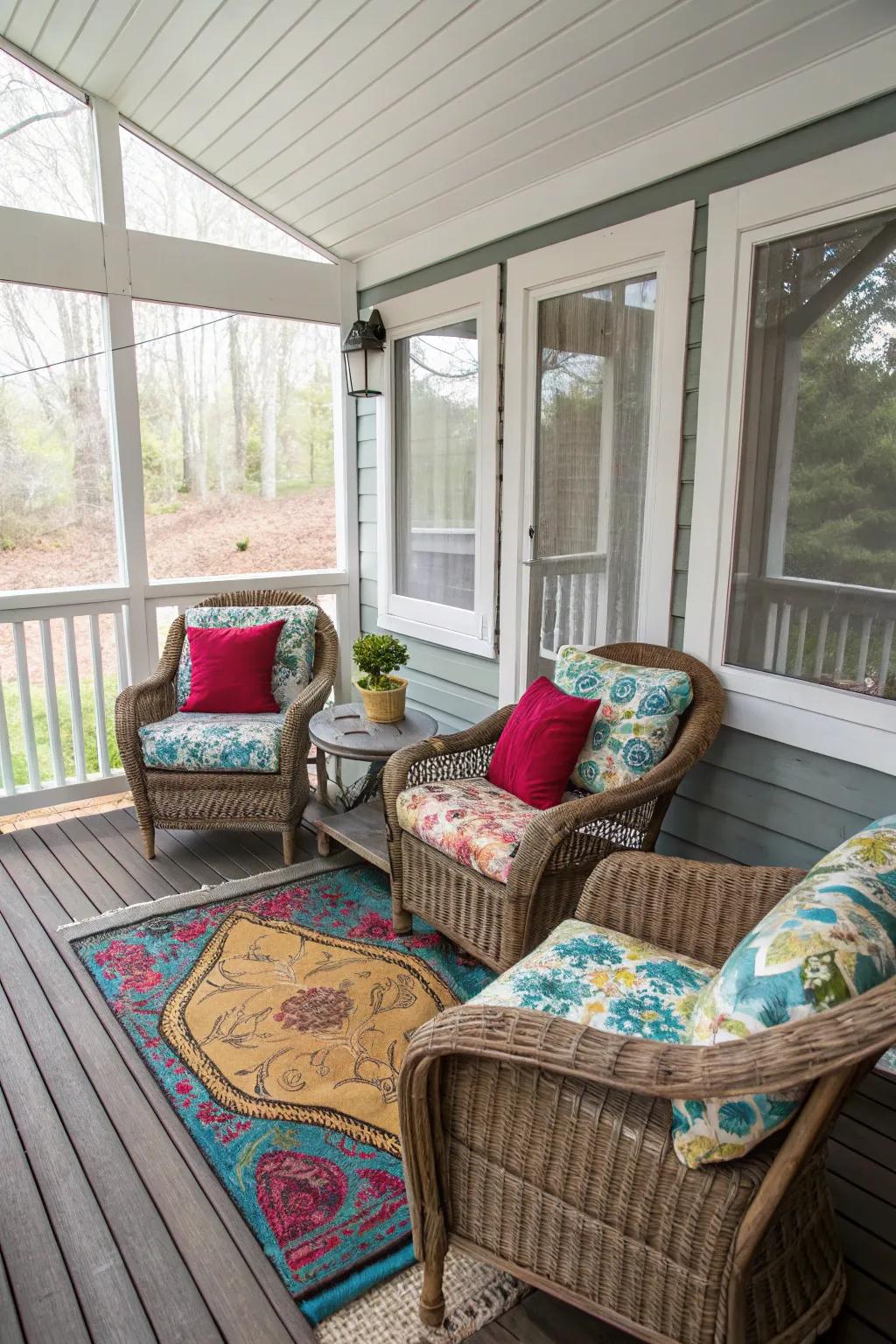 Wicker furniture adds timeless charm to a small screened-in porch.