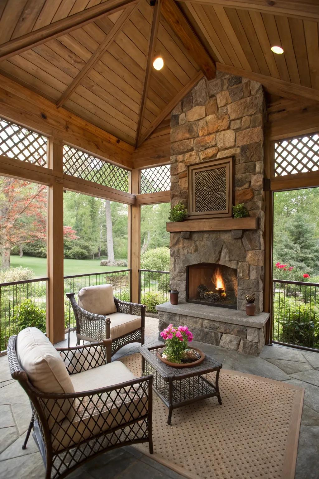 A rustic stone fireplace adds character to this small screened-in porch.