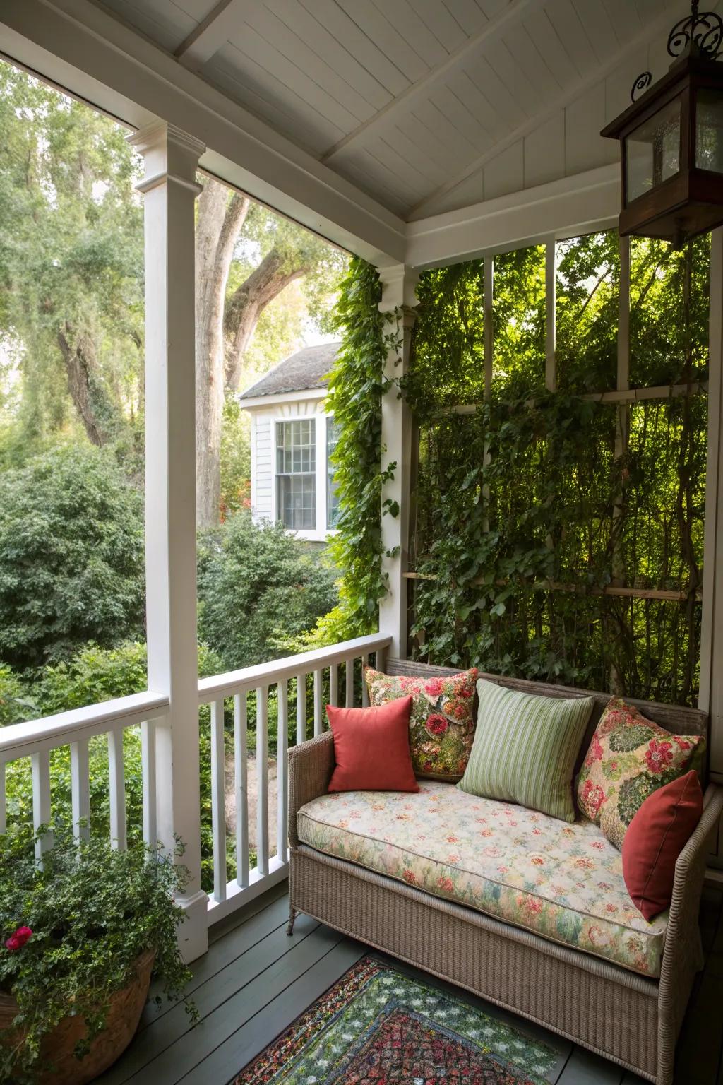A compact loveseat with vibrant cushions adds charm to a small screened porch.
