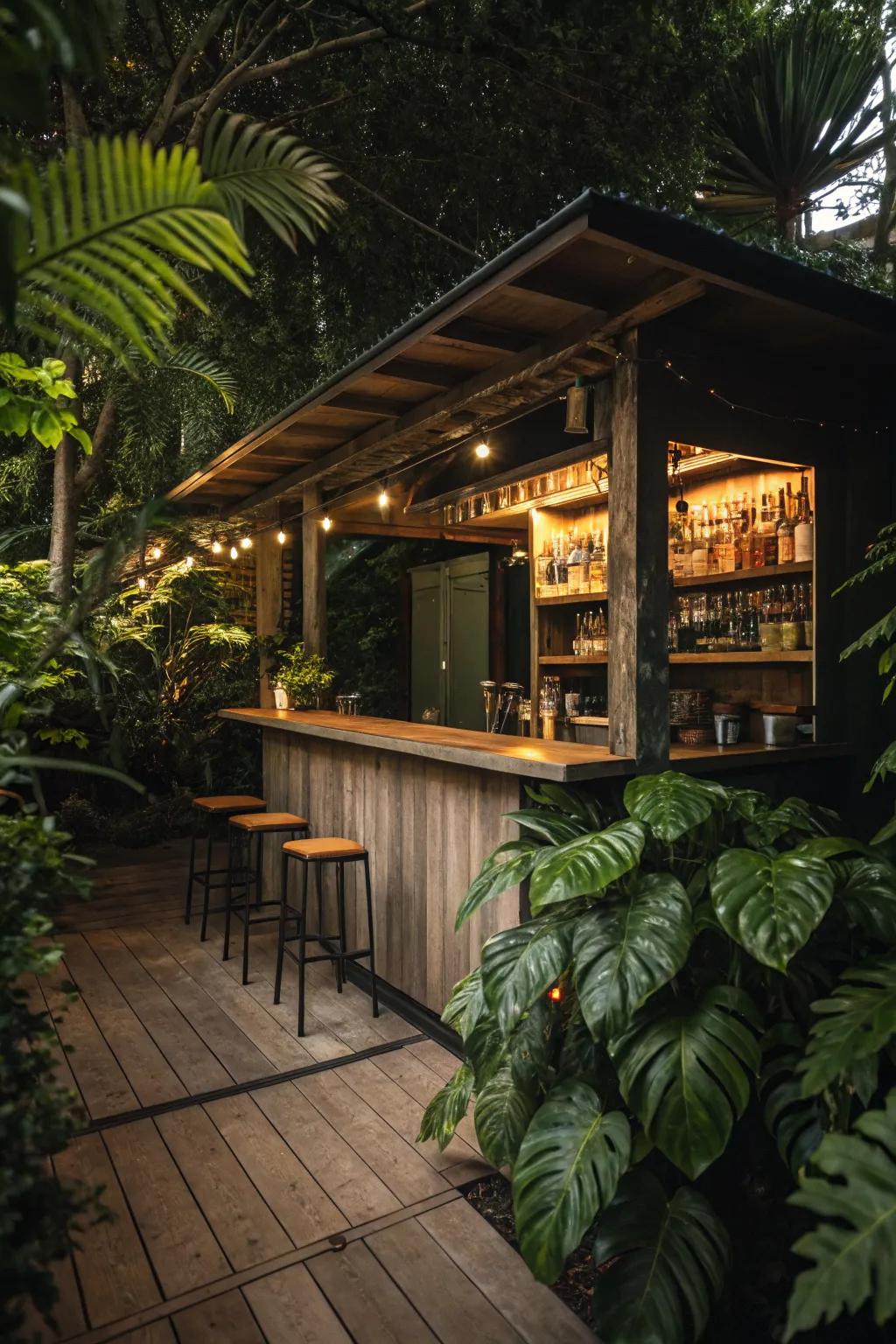 A rustic shed bar with wooden elements creates a warm and inviting atmosphere.