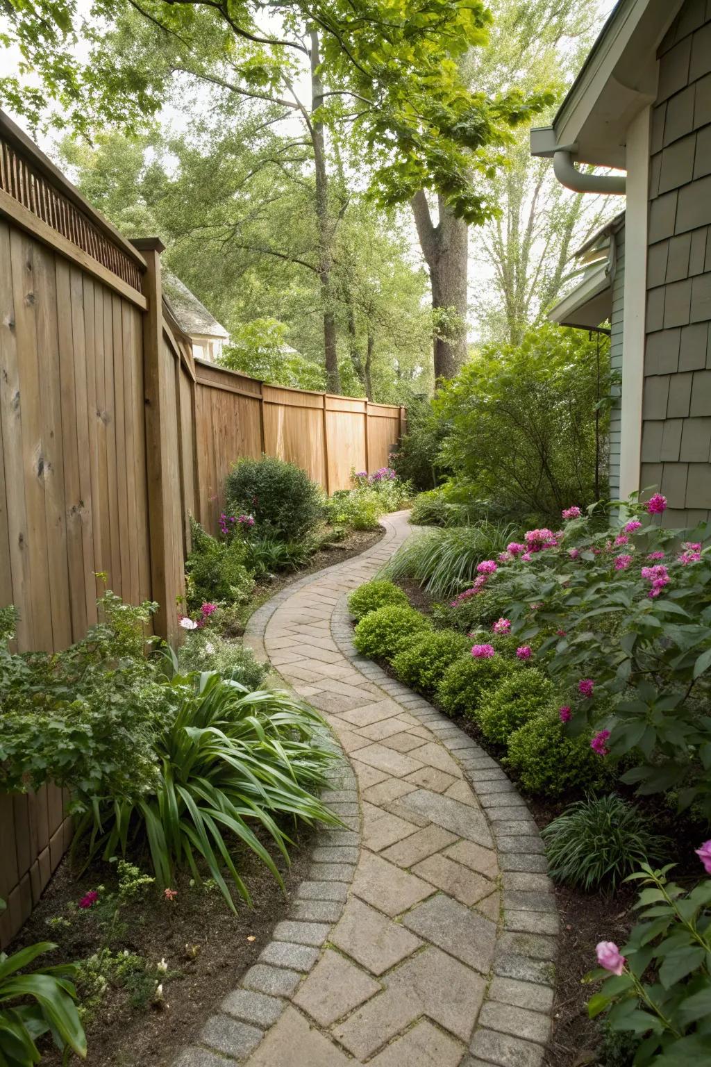 A curving stone pathway adds elegance and space to a small side yard.