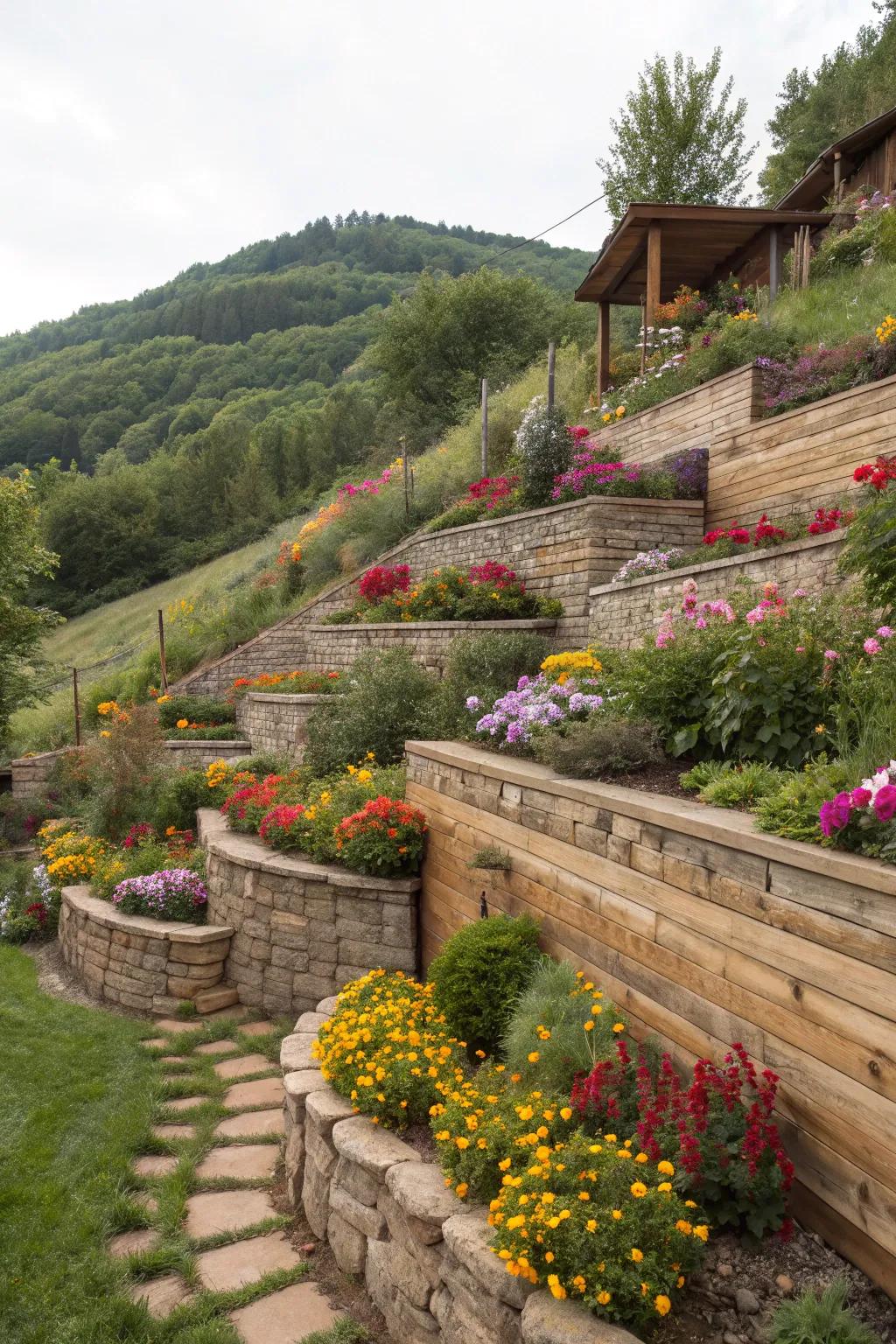 Terraced gardens create beautiful layers on a slope.