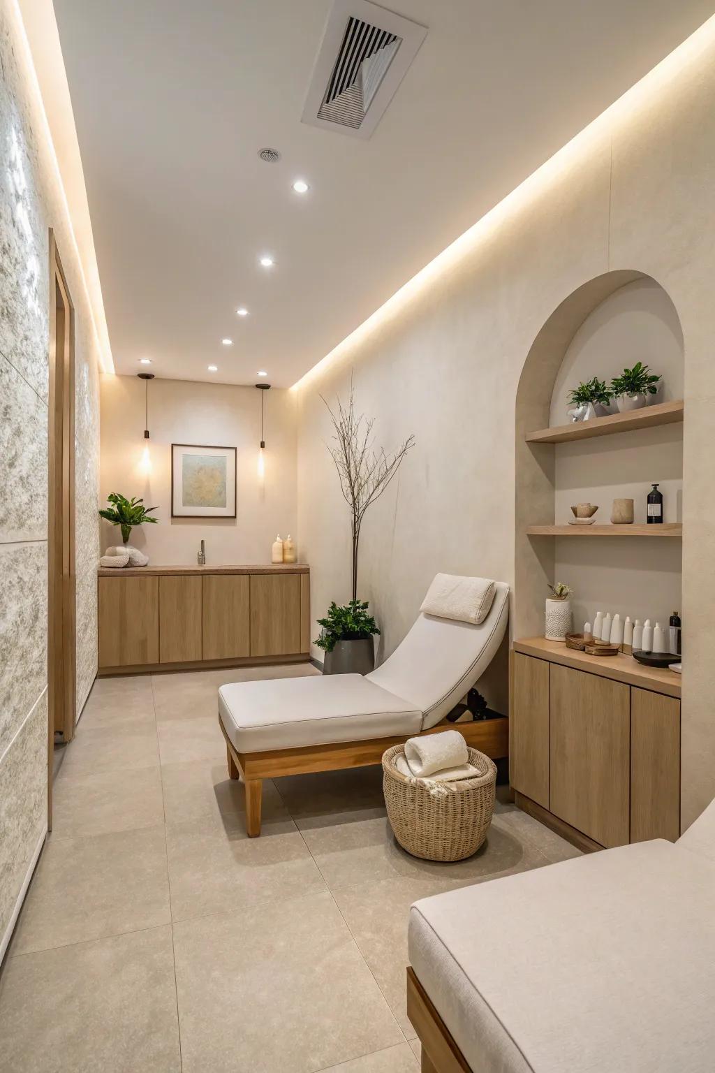 A minimalist small spa reception with neutral colors and clean lines.