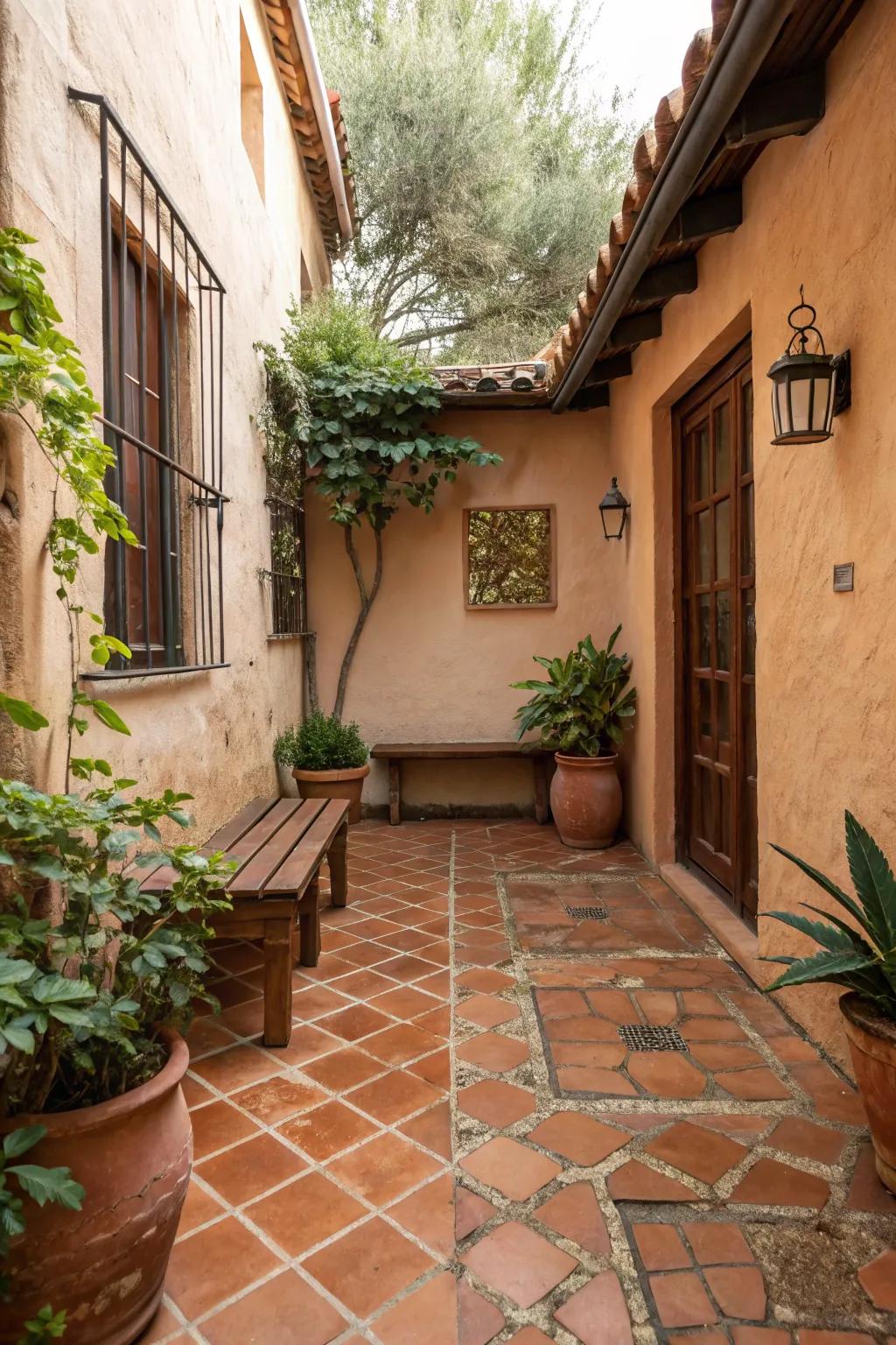 Terracotta tiles lay the foundation for an authentic Spanish courtyard.