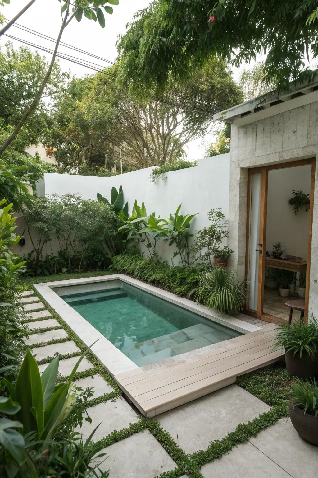 A sleek rectangular splash pool fits perfectly in compact spaces.