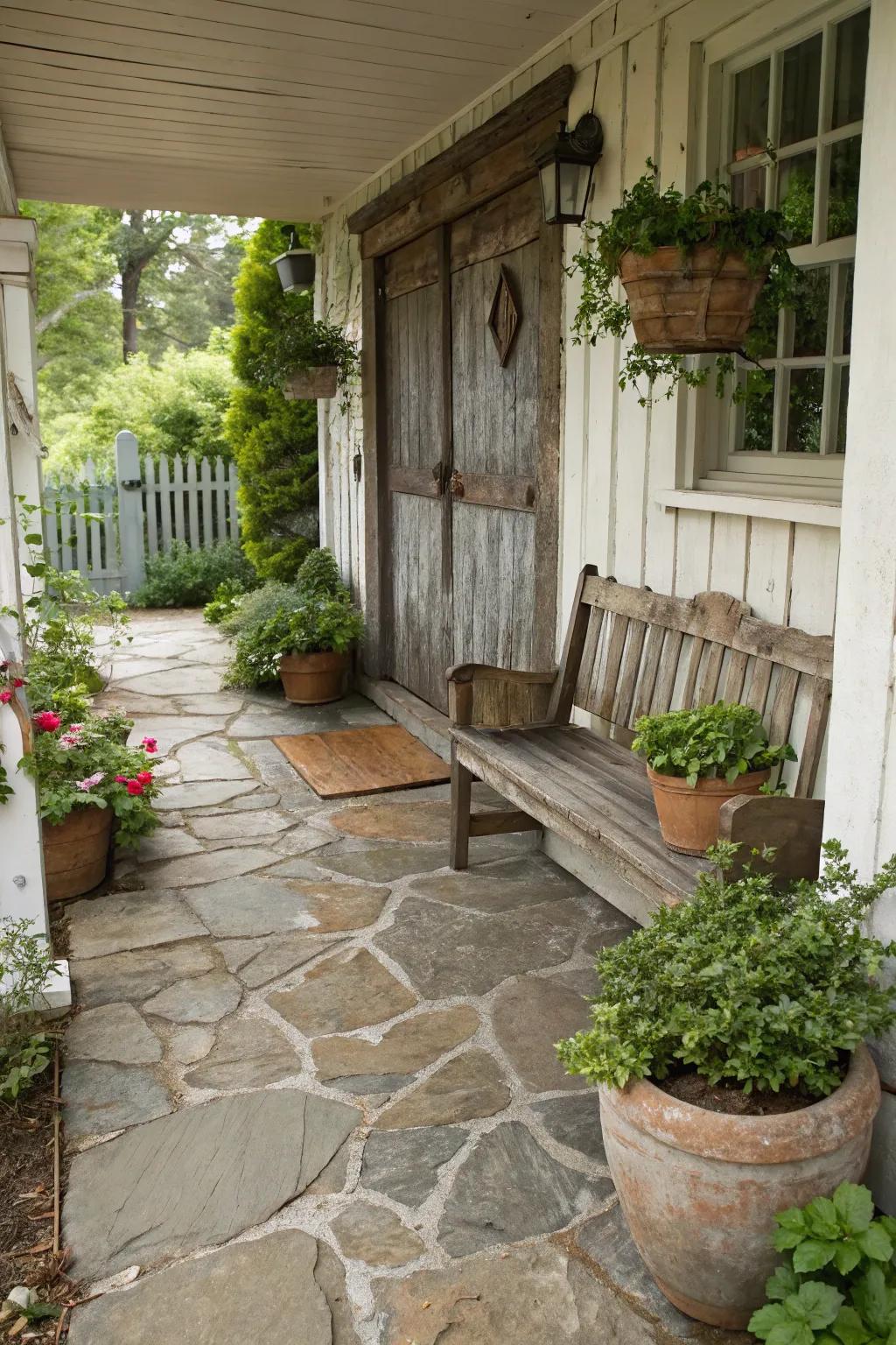 Natural stone flooring giving a rustic yet elegant feel to a small porch.