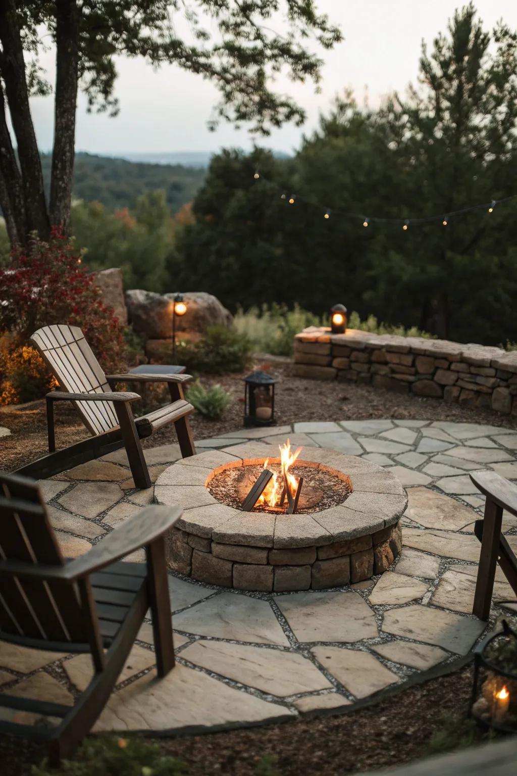 A circular stone patio with a central fire pit, perfect for gatherings.