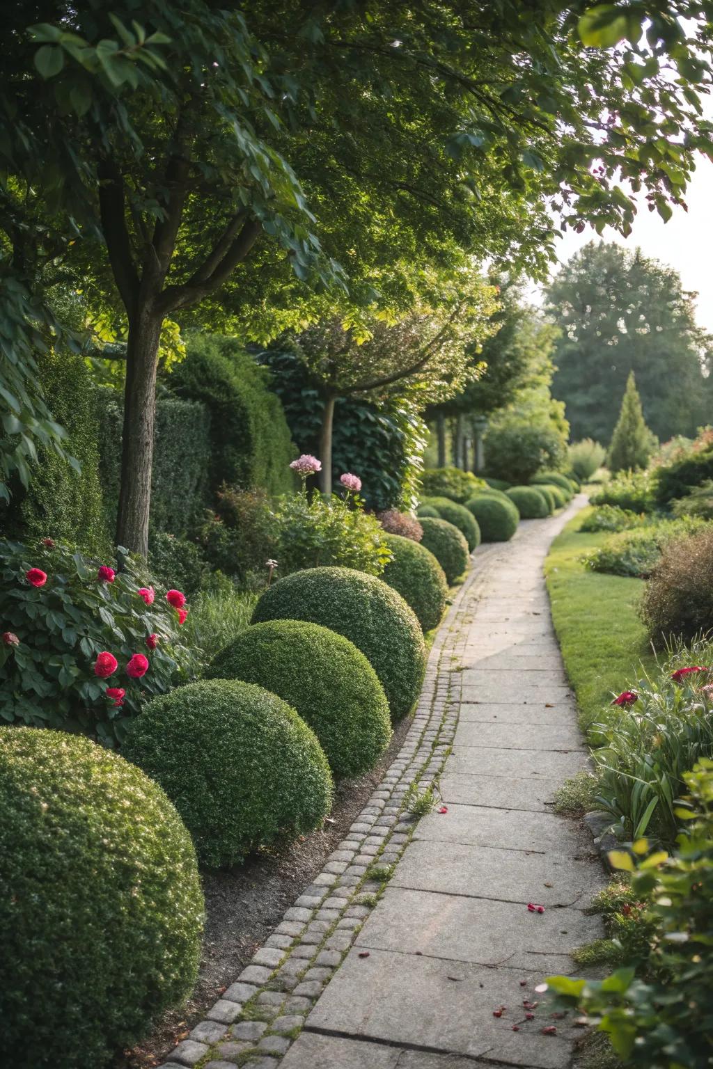 A cozy garden pathway bordered by topiary spheres.