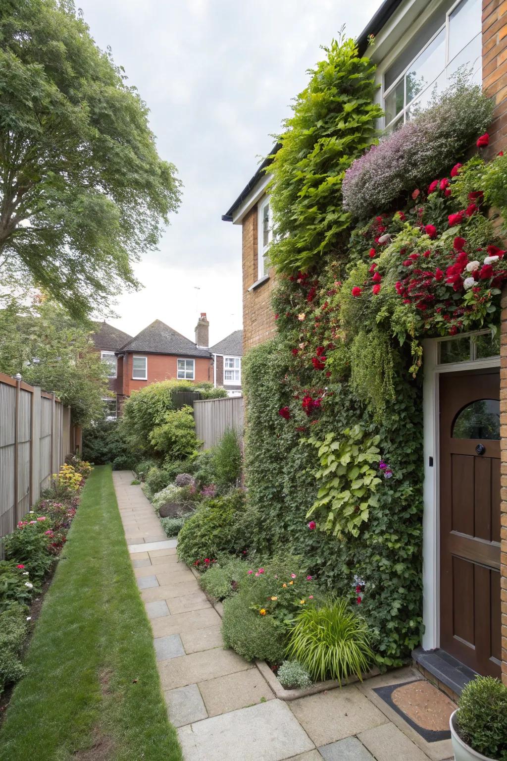 A townhouse front garden showcasing a vertical garden wall bursting with greenery and blossoms.