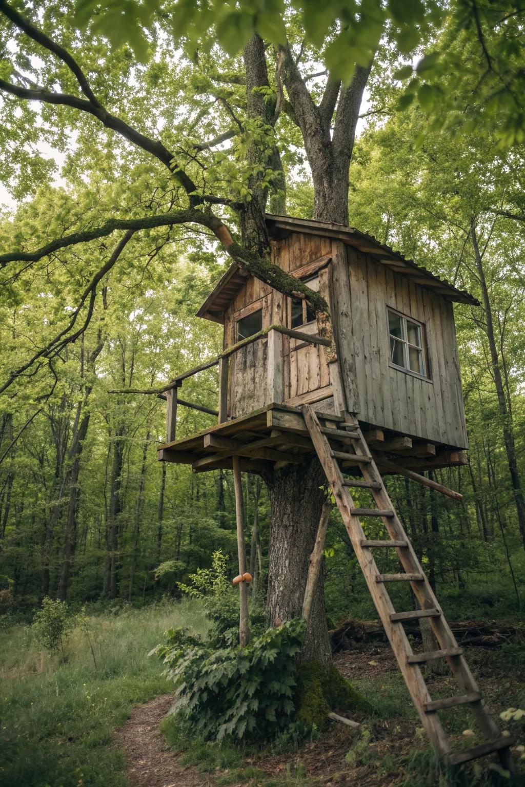 A tiny rustic tree house made from reclaimed wood, blending perfectly with its natural setting.