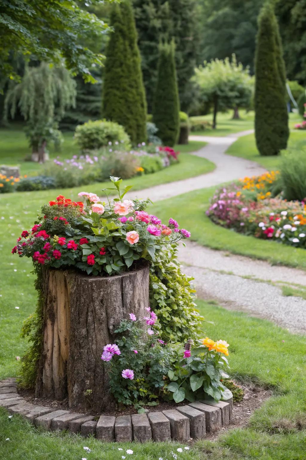 A small tree stump transformed into a vibrant flower planter.